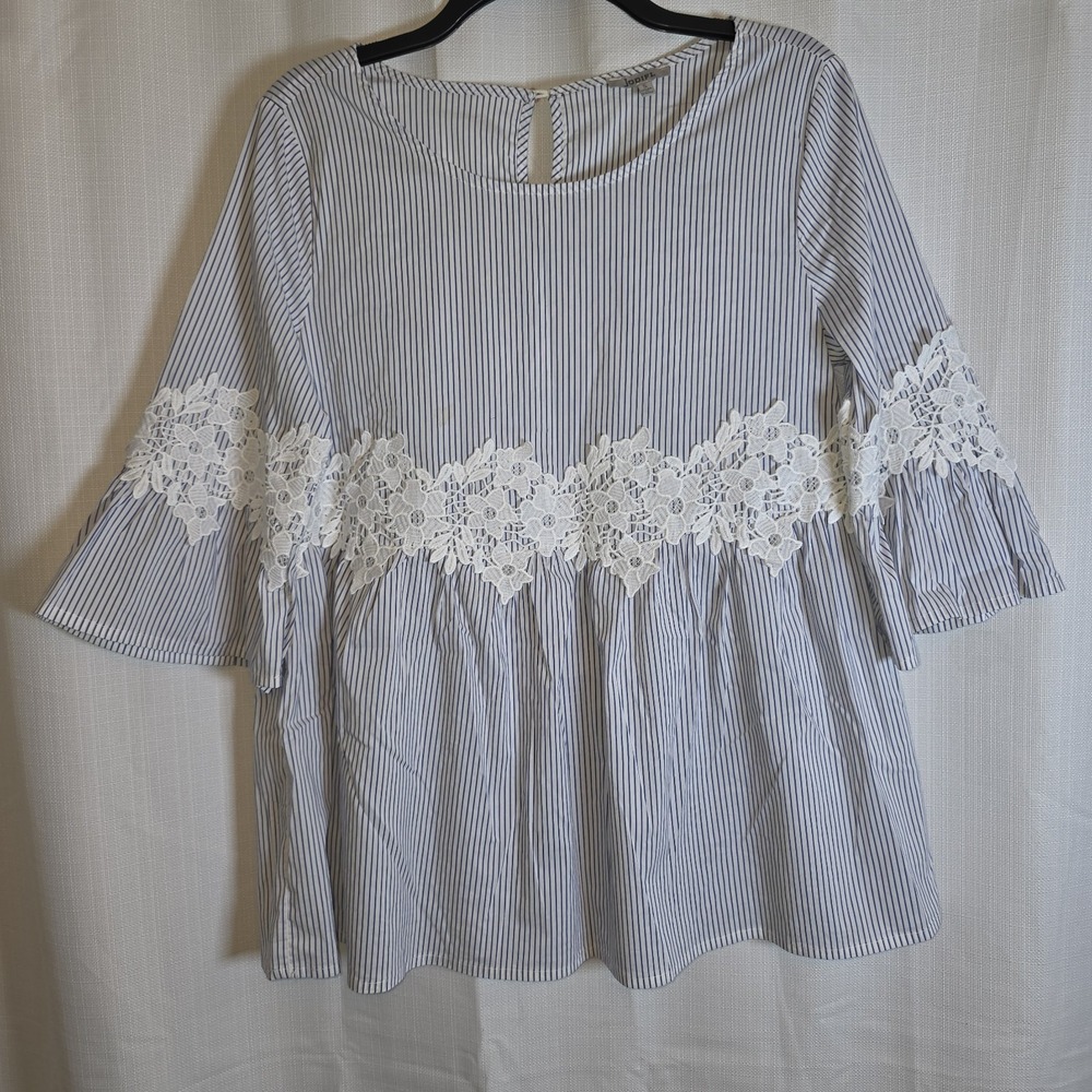 Jodifl Tunic Blouse Womens Small Blue Striped Crochet Lace Bell Sleeve‎ Boho